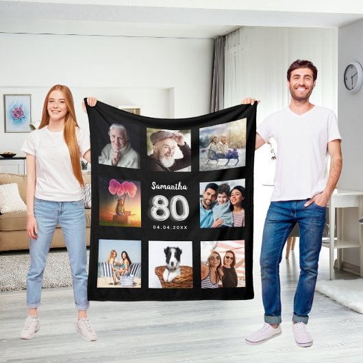 Couverture Polaire 80e anniversaire noir argent photo collage nom