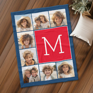 Couverture Polaire 8 Photo Collage Monogramme - Bleu et Rouge