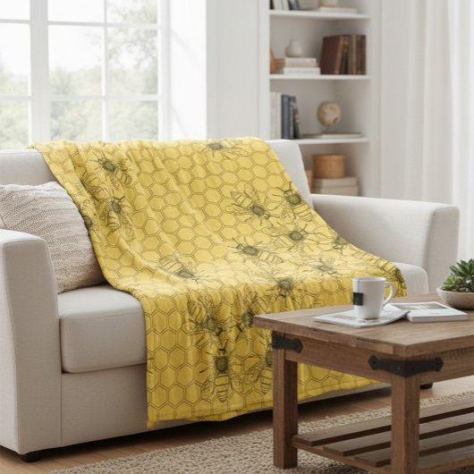 Couverture Polaire Abeilles de miel jaune et peignes de miel