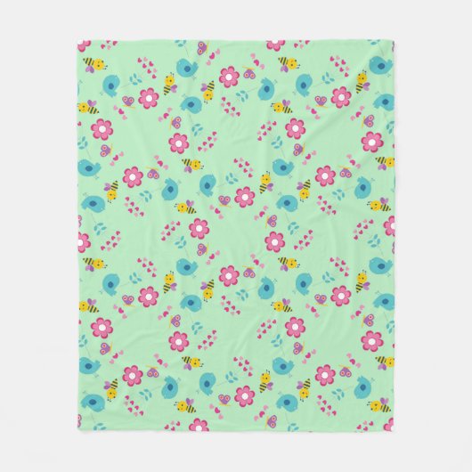 Couverture Polaire Abeilles, oiseaux et fleurs vert motif (Devant)