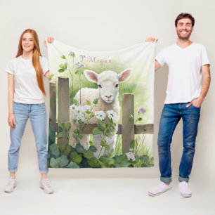 Couverture Polaire Adorable Aquarelle Peinture Lamb Fleurs blanches