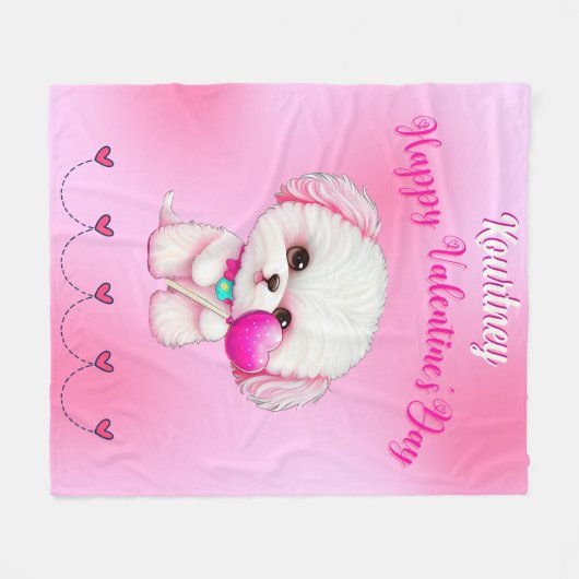 Couverture Polaire Adorable Heureuse Sainte-Valentin maltais chiot (Devant (Horizontal))