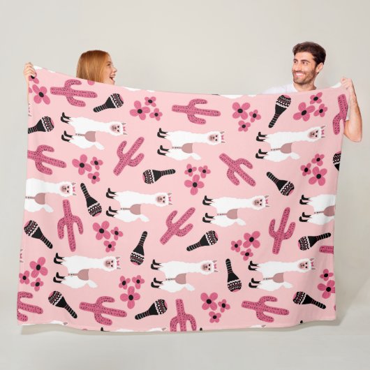 Couverture Polaire Adorable Llama Maraca Cactus blanc rose floral (En situation)