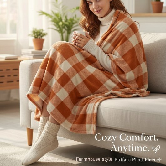 Couverture Polaire Agritourisme Rustique Orange & Cream Buffalo Plaid