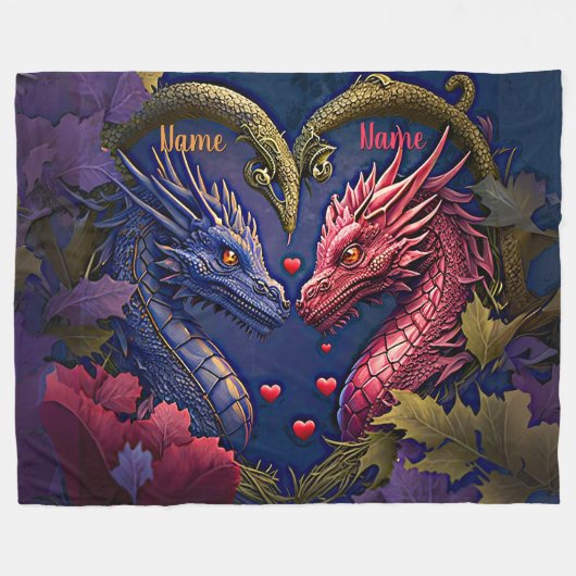 Couverture Polaire Ajouter des noms, dragon de Couples Bleus et Rose (Devant (Horizontal))