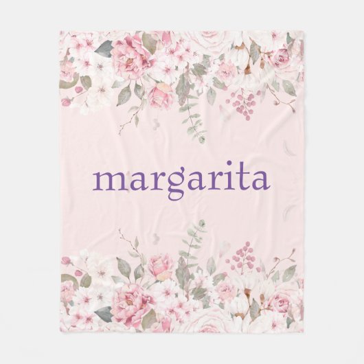 Couverture Polaire Ajouter le nom Boho Rose Green Flores blancs (Devant)