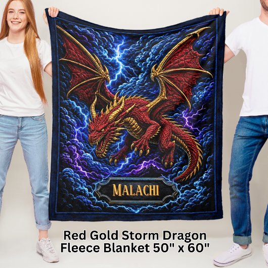 Couverture Polaire Ajouter Nom Red & Gold Storm Dragon avec Foudre