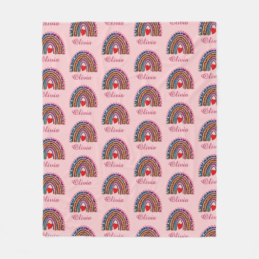 Couverture Polaire Ajouter un nom, Leopard Boho Rainbow Coeurs roses (Devant)