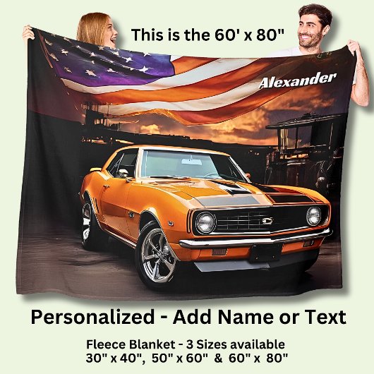 Couverture Polaire Ajouter un nom Texte, voiture musclée orange 