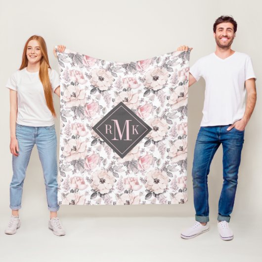 Couverture Polaire Ajoutez votre motifs roses du monogramme | et gris (En situation)