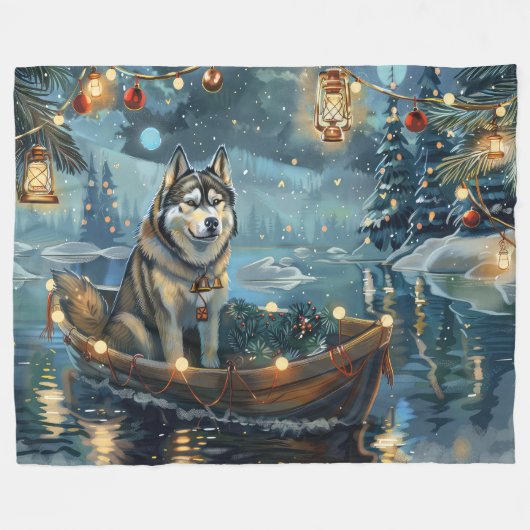 Couverture Polaire Alaskan Malamute Noël Festive Voyage (Devant (Horizontal))