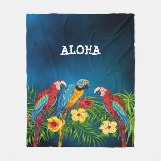 Couverture Polaire Aloha oiseaux perroquets palmiers bleus fleurs feu (Devant)