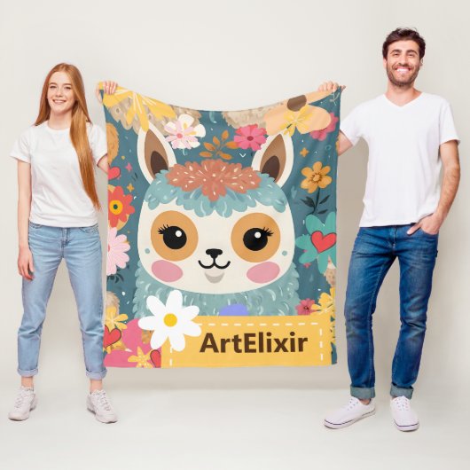 Couverture Polaire Alpaca Lama mignon modèle floral (En situation)