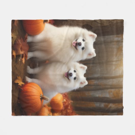 Couverture Polaire American Eskimo Chiot Automne Citrouille délice (Devant (Horizontal))
