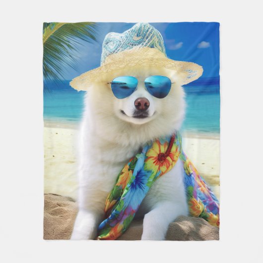 Couverture Polaire American Eskimo on Beach, cadeau d'été pour amoure (Devant)