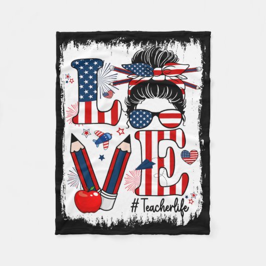 Couverture Polaire Amour drôle Messy Bun Enseignant Vie Usa Drapeau 4 (Devant)
