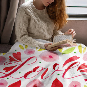 Couverture Polaire Amour et fleurs - rose et rouge