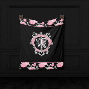 Couverture Polaire Amour gothique Squelette rose et noir Coeur flor