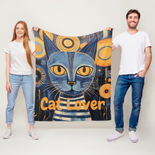 Couverture Polaire Amoureux des chats Melancholic Boho bleu jaune