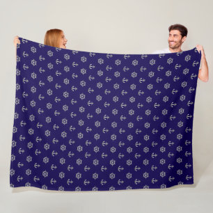 Couverture Polaire Ancrage en argent nautique et roue du bateau, bleu