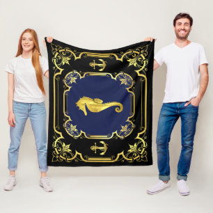 Couverture Polaire Ancrage nautique/hippocampe noir/or/bleu