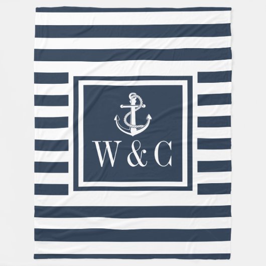 Couverture Polaire Ancre de bateau nautique Monogram Navy Blue Stripe (Devant)