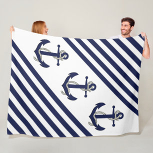 Couverture Polaire Ancre nautique/Bandes bleu/blanc marine
