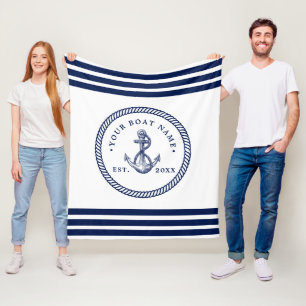 Couverture Polaire Ancre nautique et corde Nom du bateau Marine Bleu 