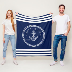 Couverture Polaire Ancre nautique et corde Nom du bateau Marine Bleu