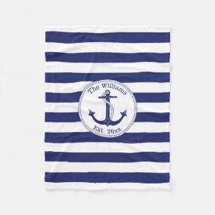 Couverture Polaire Ancre nautique Marine Blue Stripes Nom de famille