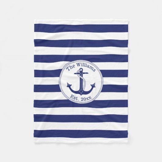 Couverture Polaire Ancre nautique Marine Blue Stripes Nom de famille (Devant)