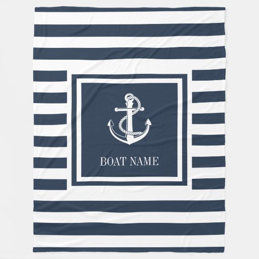 Couverture Polaire Ancre nautique rayée bleu marine nom de bateau (Devant)