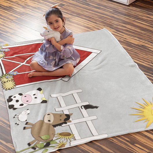 Couverture Polaire Animaux de ferme Cheval Vache Lamb Rouge Grange