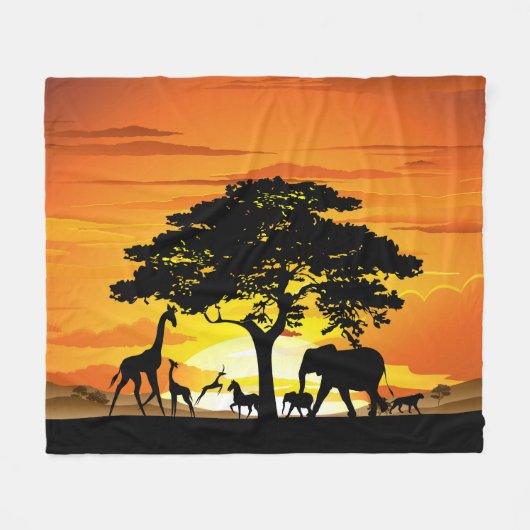 Couverture Polaire Animaux sauvages sur le coucher de soleil de la sa (Devant (Horizontal))