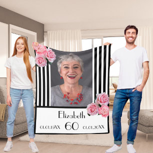 Couverture Polaire Anniversaire noir blanc rayures florales photo