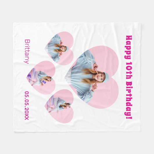 Couverture Polaire Anniversaire nom âge photo coeur collage fille (Devant (Horizontal))