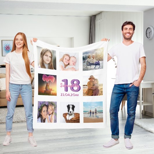 Couverture Polaire Anniversaire photo collage blanc nom pourpre