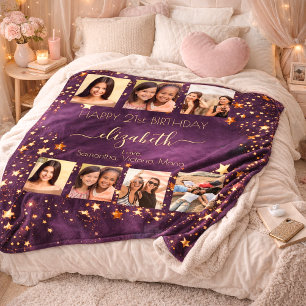 Couverture Polaire Anniversaire photo collage or violet meilleurs ami