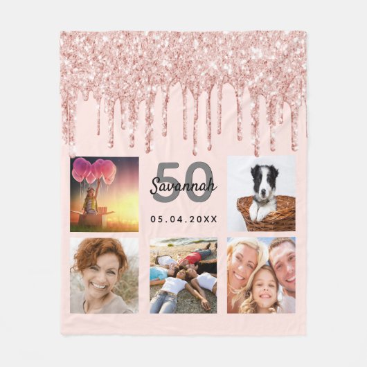 Couverture Polaire Anniversaire photo collage rose or parties scintil (Devant)