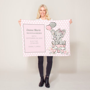 Couverture Polaire Annonce de naissance Bébé Fille Eléphant Rose Arge