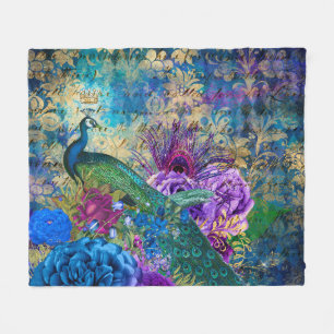Couverture Polaire Antique Peacock Illustré & Fleurs Grunge