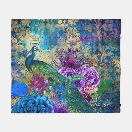 Couverture Polaire Antique Peacock Illustré & Fleurs Grunge (Devant (Horizontal))