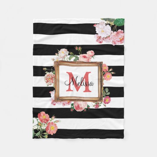Couverture Polaire Antique Vintage Floral & Stripes Monogramme (Devant)