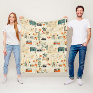 Couverture Polaire Appareil Photo Vintage Radio Floral Sarcelle Orang