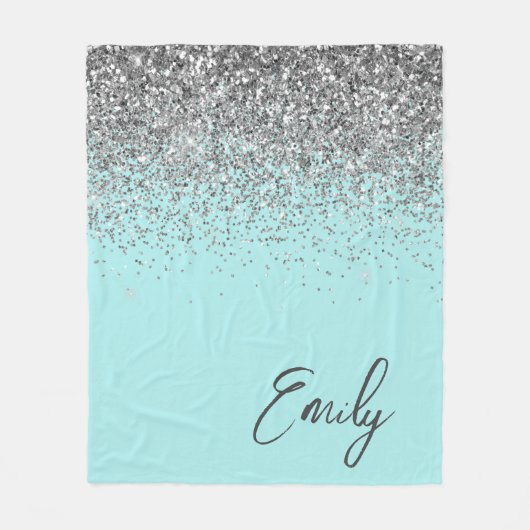 Couverture Polaire Aqua Bleu Sarcelle Argent Paillettes Monogramme  (Devant)