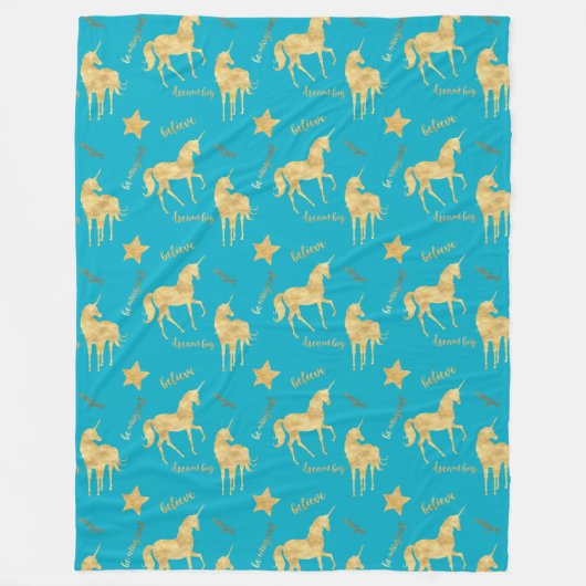 Couverture Polaire Aqua Blue Gold Magical Unicorn Birthday (Devant)