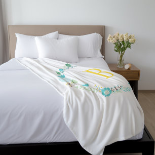 Couverture Polaire Aqua et Yellow Monogramme Floral Wreath