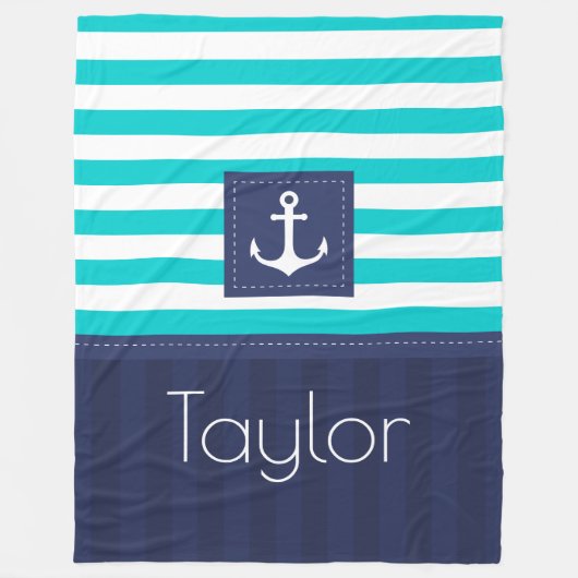 Couverture Polaire Aqua Navy Blue Nautical Stripes Design Ancre (Devant)