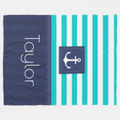 Couverture Polaire Aqua Navy Blue Nautical Stripes Design Ancre (Devant (Horizontal))