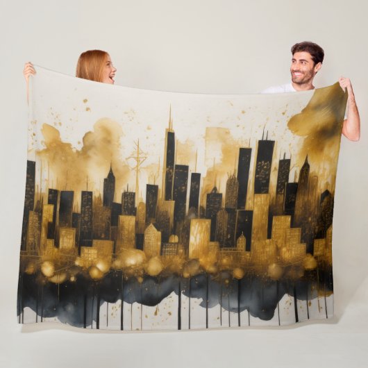Couverture Polaire Aquarelle Abstraite Peinture Gold Cityscape (En situation)